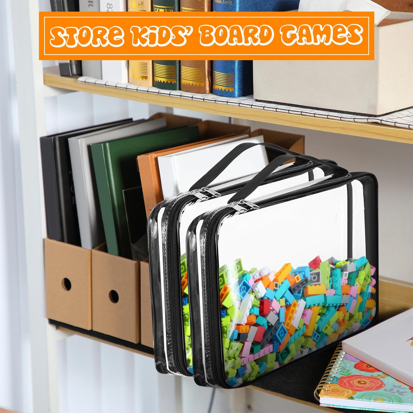 Sanwuta 6 Packs Toy Storage Bags, PVC Organizing Case Bags with Zipper, Waterproof Toy Container for Board Games, Building Blocks, Puzzles, Small Toys and Kids Books(Large,Clear)