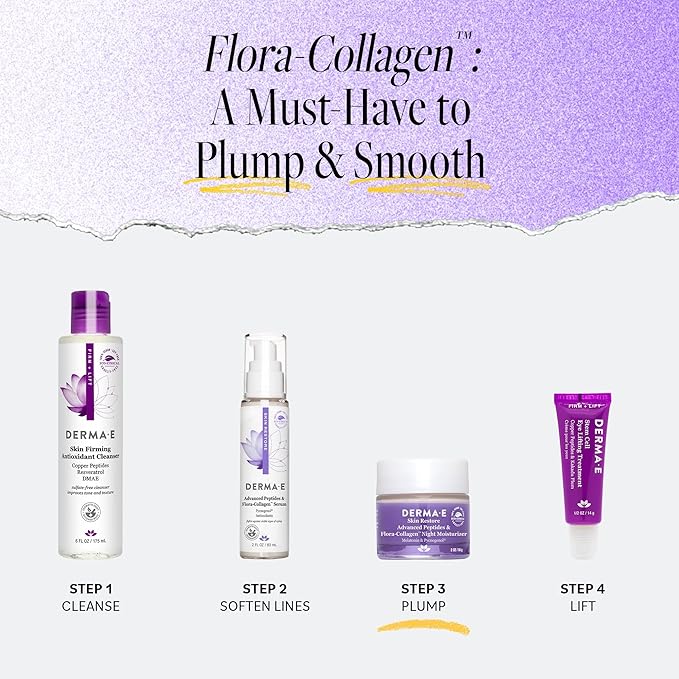 Derma E Advanced Peptides and Vegan Flora-Collagen Night Moisturizer – Hydrating Topical Facial Cream Improves Elasticity and Reduces Appearance of Lines and Wrinkles, 2 Oz