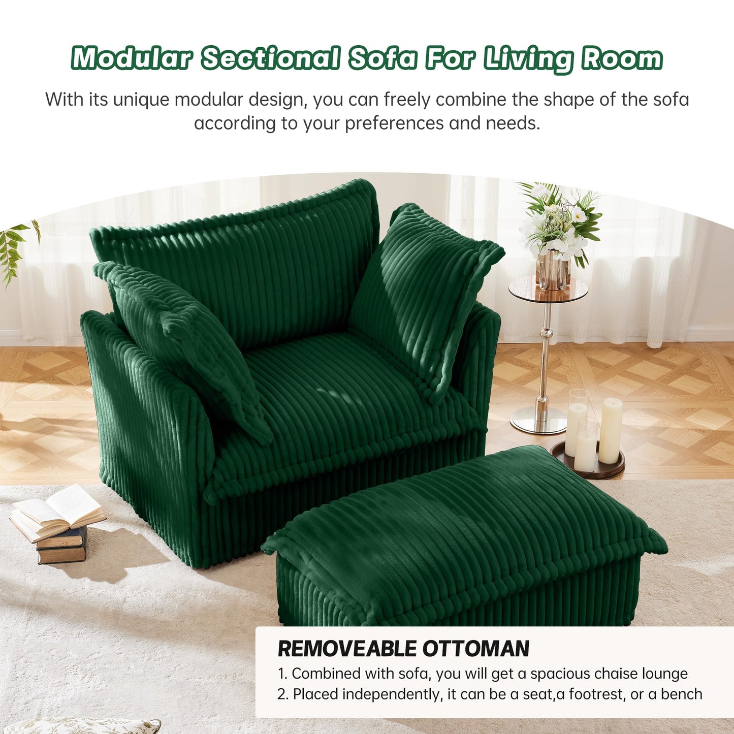 Ravy Concept 49" Slipcovered Chaise Lounge Chair, Corduroy Accent Chair with Removable Covers, 1-Seater Sofa with Movable Ottoman, Deep Seat Single Sofa Couch for Living Room (Green)