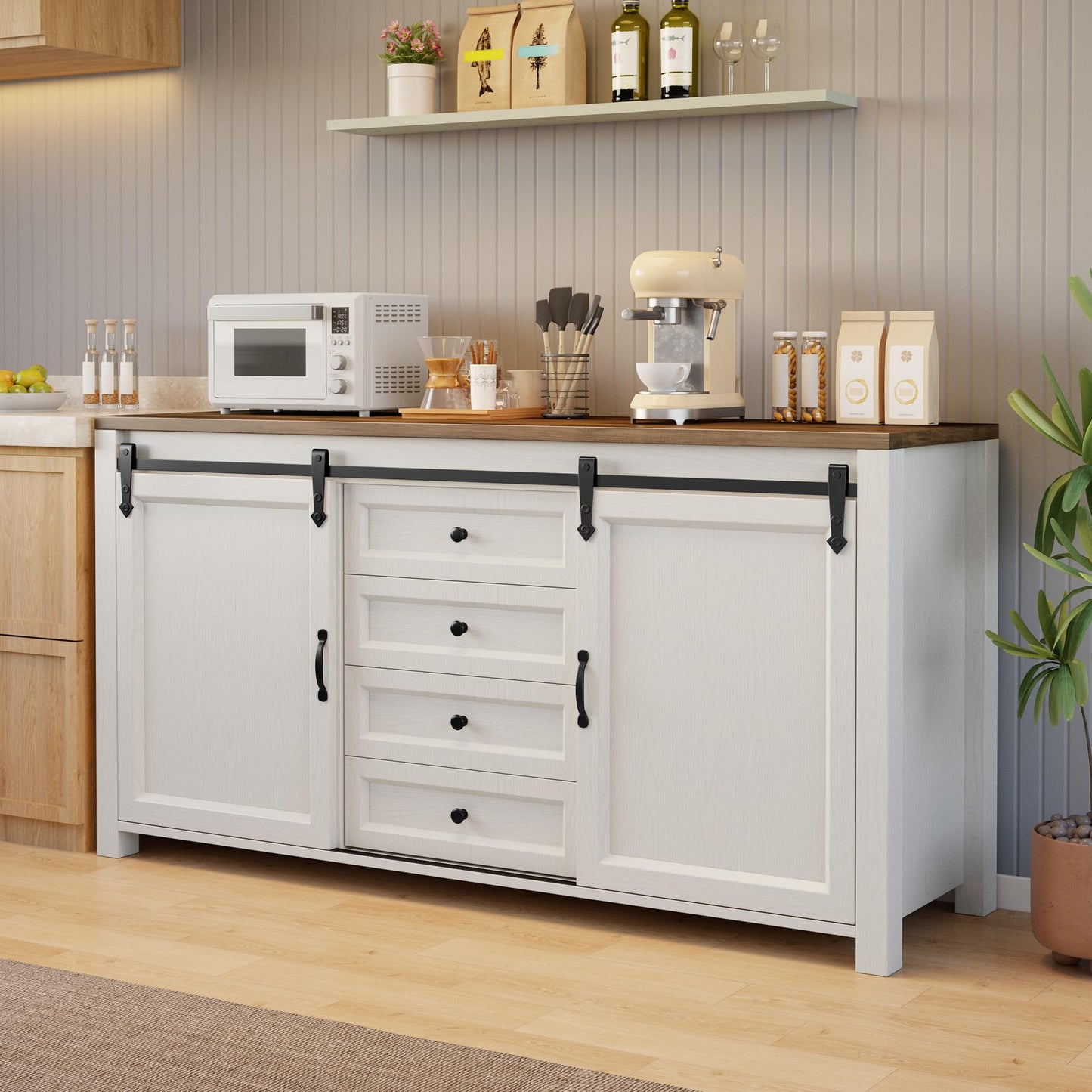 Gizoon Sideboard Buffet Cabinet with Storage, Large Kitchen Sideboard and Coffee Bar with Sliding Barn Doors and 4 Drawers, Kitchen Storage Island for Dining Room, Living Room, Retro