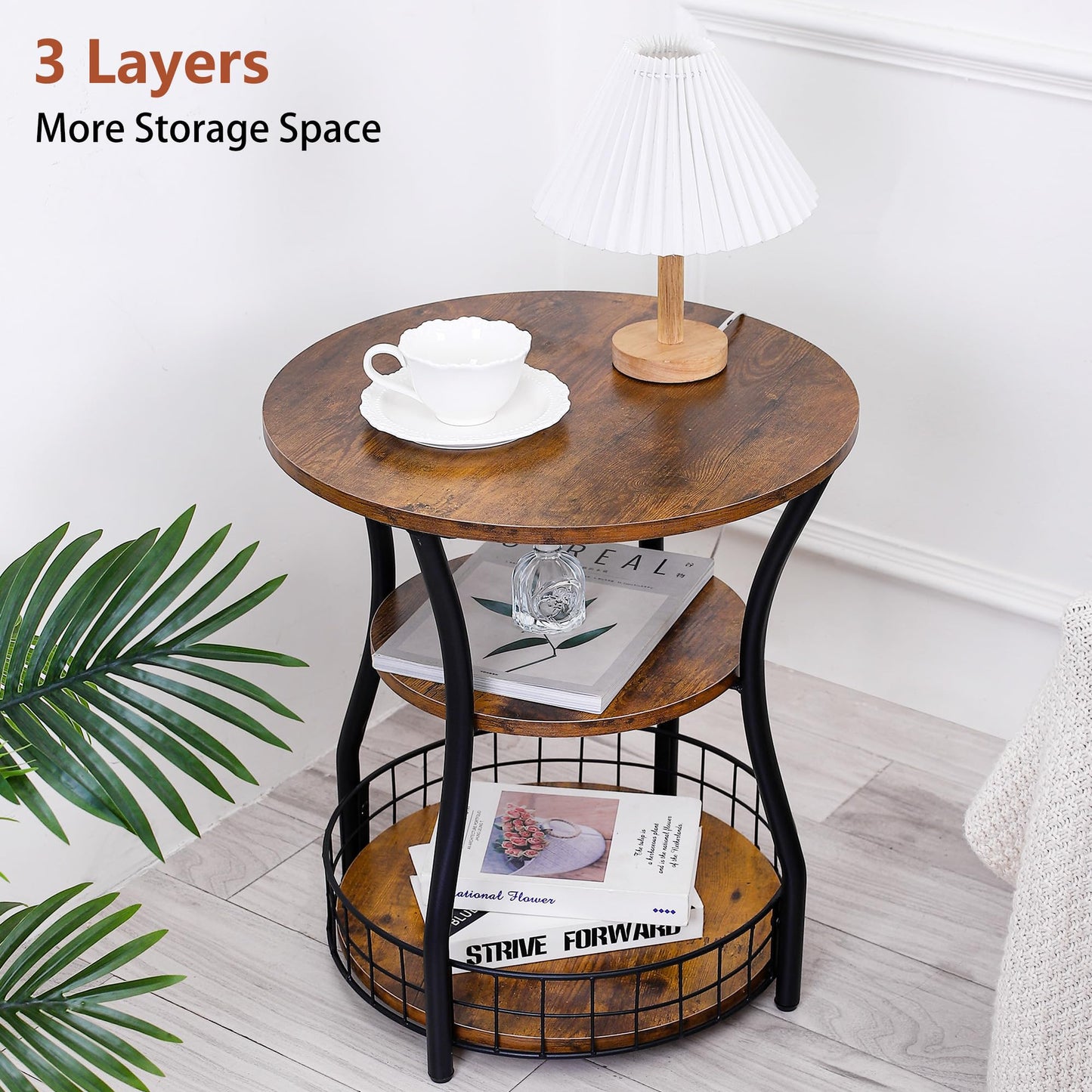 Anlanbor Side Table, 3 Tier Small Round End Table with Storage Shelves for Living Room, Bedroom, Accent Coffee Sofa Couch Table for Small Spaces,Round Nightstand with Metal Frame, Rustic Brown