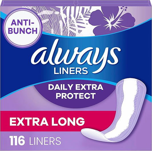 Always Daily Extra Protect Liners, Extra Long Length, Unscented Panty Liners, Feel Clean and Comfortable for up to 10 Hours, 116 Count (Packaging May Vary)