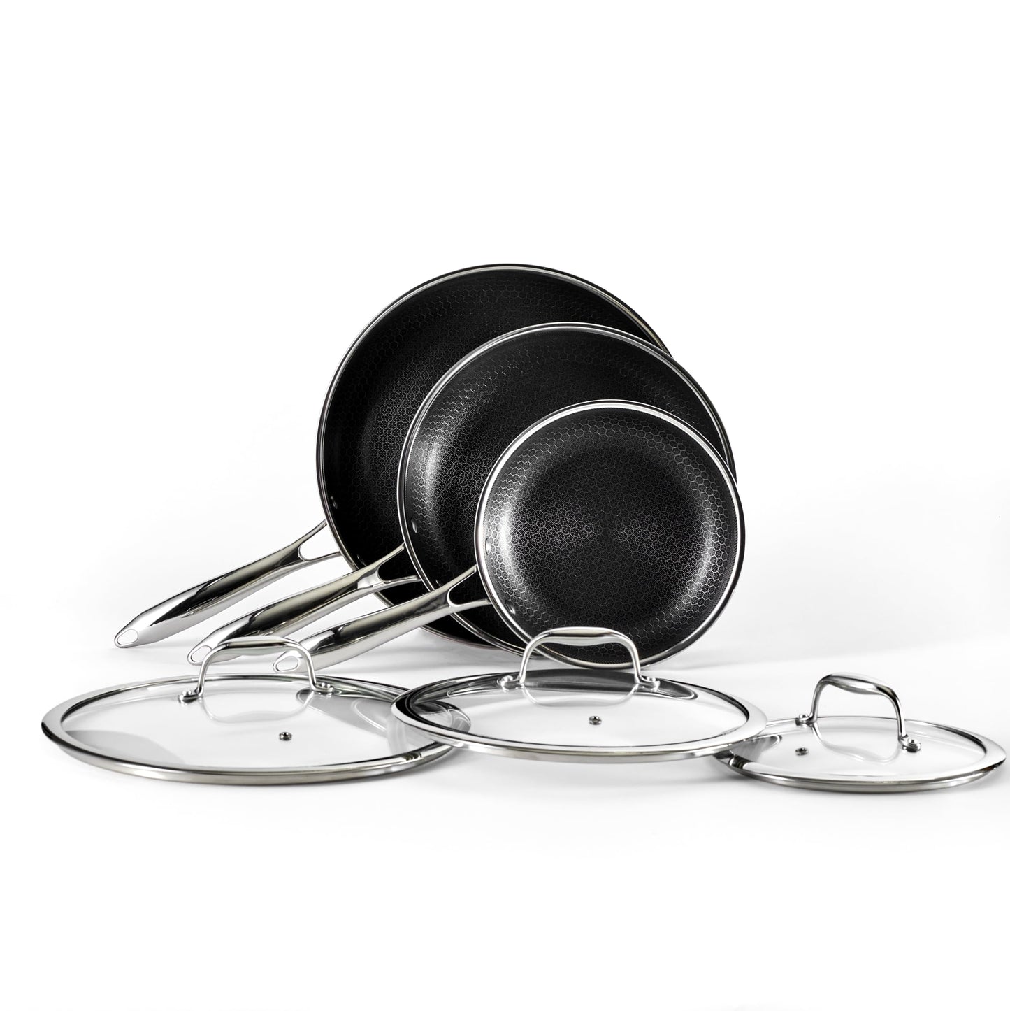 HexClad Hybrid Nonstick 6-Piece Fry Pan Set, 8, 10, and 12-Inch Frying Pans with Tempered Glass Lids, Stay-Cool Handles, Dishwasher-Friendly, Induction Ready, Compatible with All Cooktops