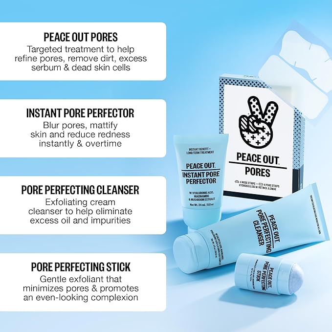 PEACE OUT Skincare Pore Minimizing Strips, Hydrocolloid Pore-Refining Nose and Face Strips with Retinol & Vitamin A to Shrink Enlarged Pores and Remove Blackheads (4 pore and 4 nose strips)