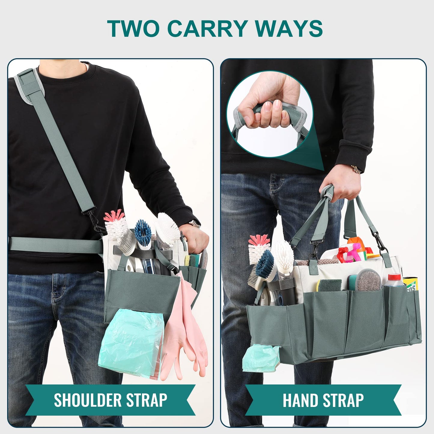 LANDNEOO Cleaning Caddy Organizer with Handle, Wearable Bag for Supplies, Tote Shoulder and Waist Straps, Under Sink Tool Multiple Compartments (Large) (QJB-BLS)