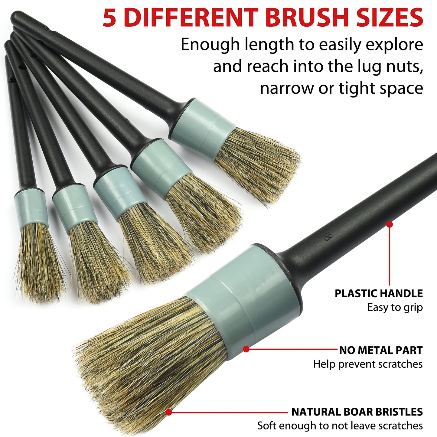 TAKAVU Complete Car Detailing Brush Kit (10 Piece) - Boar Hair Detail, Wire & Vent Brushes with Microfiber Towel for Wheels, Interior, Engine Bay Cleaning