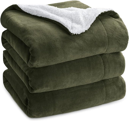 Bedsure Sherpa Fleece Blankets King Size for Bed - Thick and Warm, Soft Fuzzy Plush King Blanket for Winter, Olive Green, 108x90 Inches