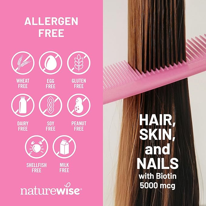 NatureWise Hair Skin and Nails Vitamin, Biotin 5000mcg w/Hyaluronic Acid, Collagen for Women with C, B Complex, D3, A, E, Iron - Non-GMO, Gluten Free - 150 Softgels[50-Day Supply]