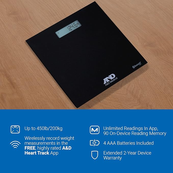 A&D Medical Digital Body Weight Scale - UC-352BLE - Bluetooth Bathroom Weight Machine, Syncs with A&D Heart Track App - 450lb (200kg) - Batteries Included, FSA/HSA Eligible, Black