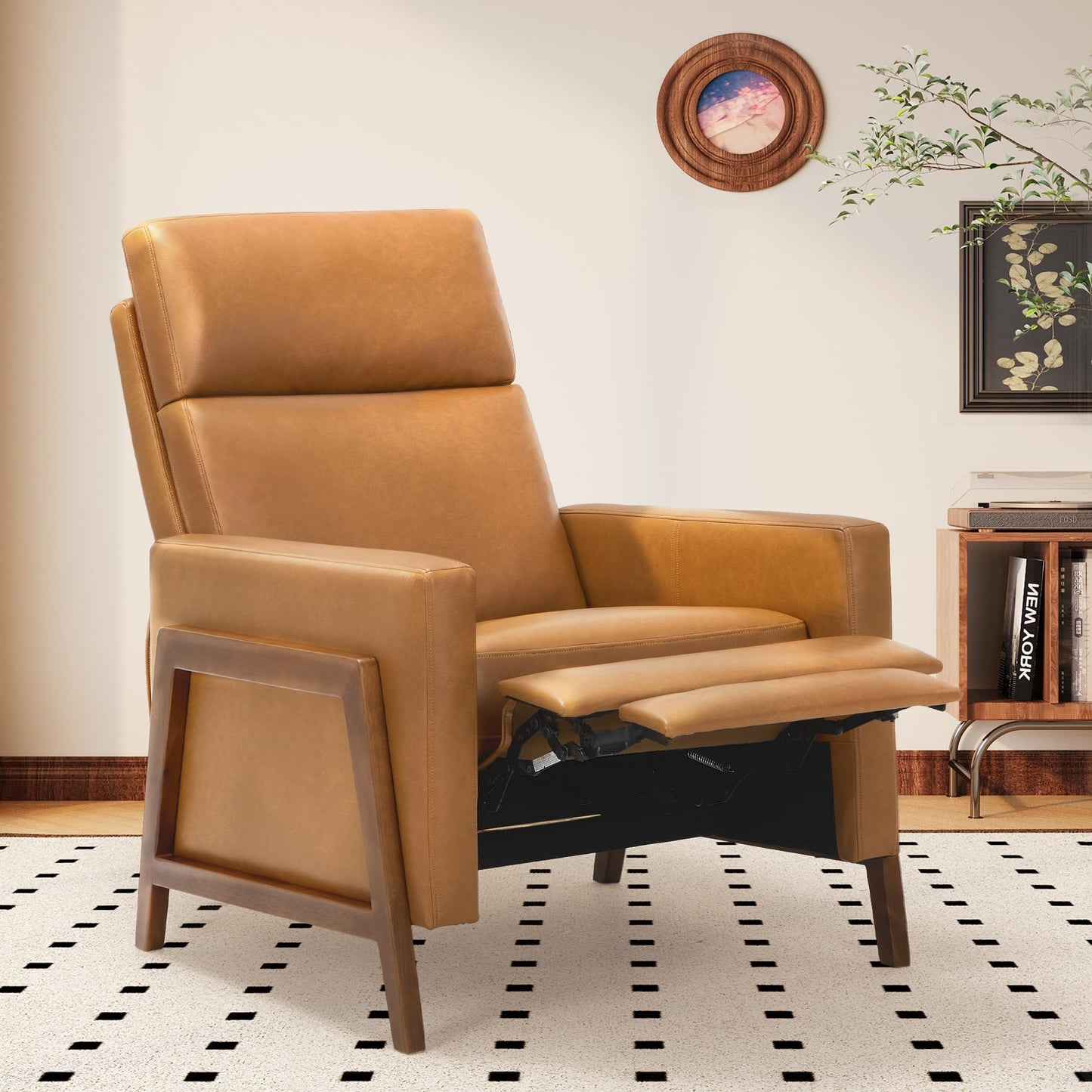 COLAMY Push Back Recliner Chair, Upholstered Leather Recliner with Footrest 118-150 Degree Adjustable, Comfy Modern Wingback Recliner for Living Room, Bedroom,Small Spaces,Camel