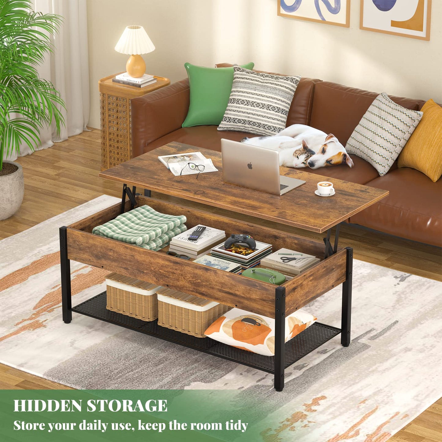 Homieasy Coffee Table, Lift Top Coffee Table with Storage Shelf and Hidden Compartment, Modern Lift Top Table for Living Room, Wood Lift Tabletop, Metal Frame - Rustic Brown