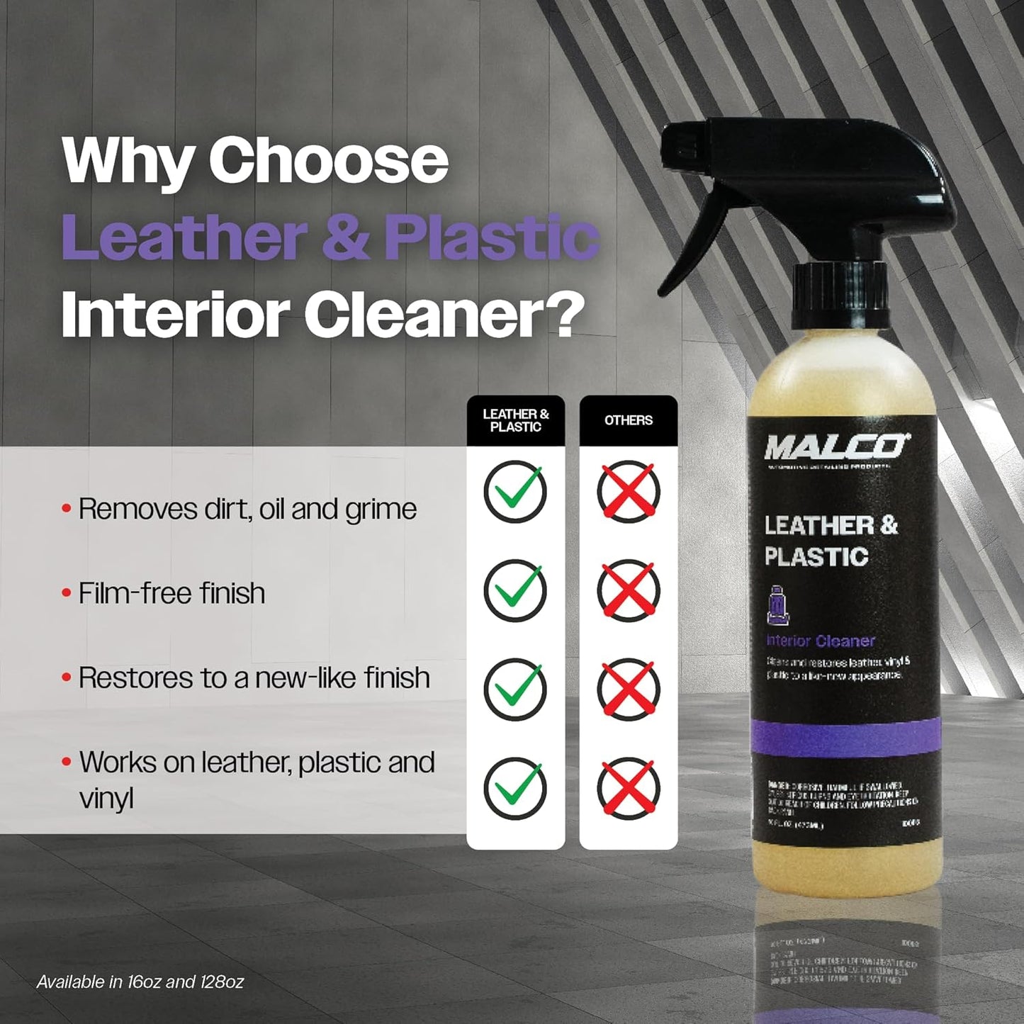 Malco Leather & Plastic Cleaner – Penetrates Deep to Remove Dirt, Grime and Oily Soils/Restores Leather, Plastic and Vinyl/Leaves Surfaces Clean, Shiny and Film-Free / 16 Oz. (100116)