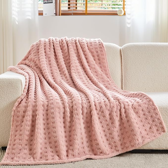 NEWCOSPLAY Super Soft King Blanket Pink Premium Silky Flannel Fleece 3D Waffle Checkered Lightweight Bed Blanket All Season Use (Pink, King(90"x110"))