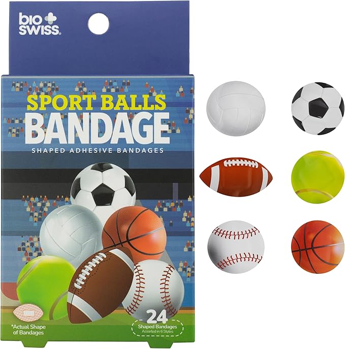 BioSwiss Bandages, Sports Balls Shaped Self Adhesive Bandage, Latex Free Sterile Wound Care, Fun First Aid Kit Supplies for Kids and Adults, 24 Count
