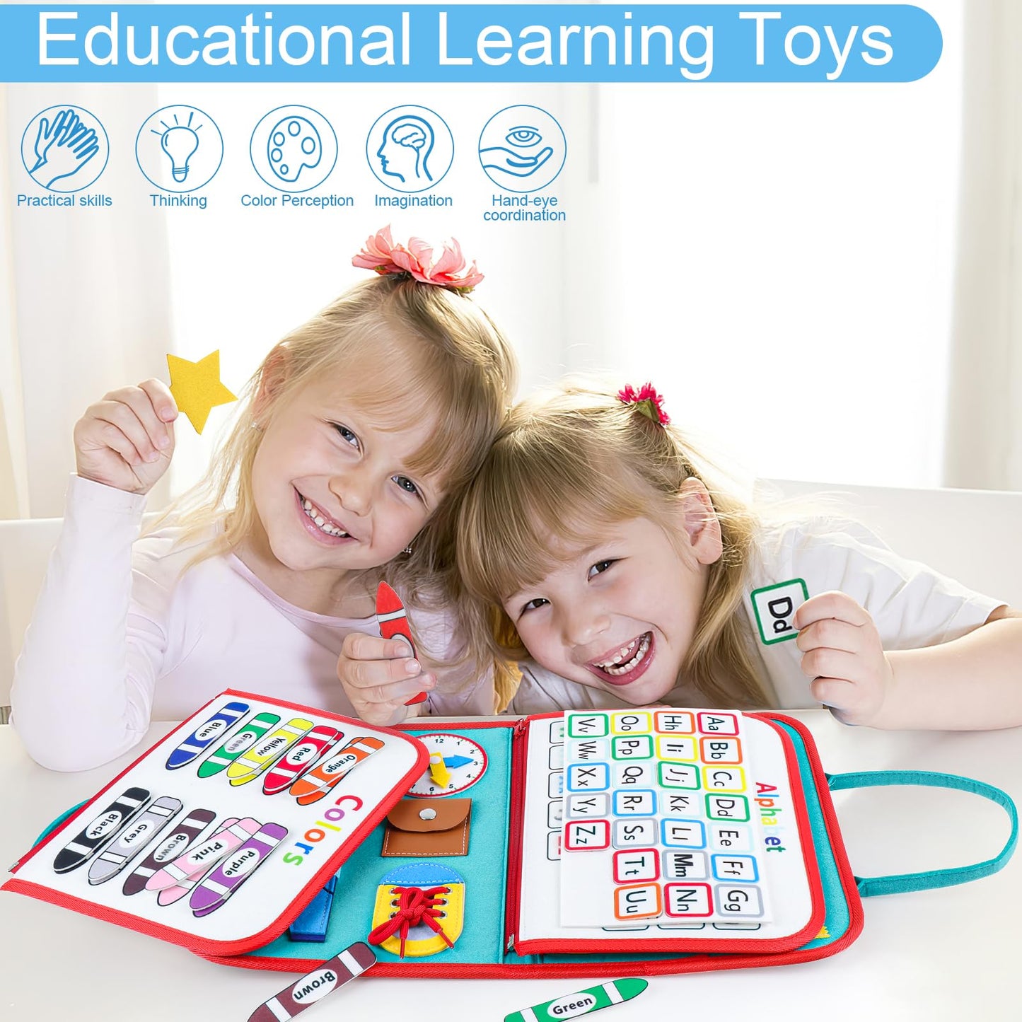 FASTSPOK Busy Board Montessori Toys for 1 2 3 4 Year Old Boy & Girl Birthday Gifts, Busy Book for Toddlers 1-3, Sensory Educational Travel Toys, Preschool Activities for Learning Fine Motor Skills