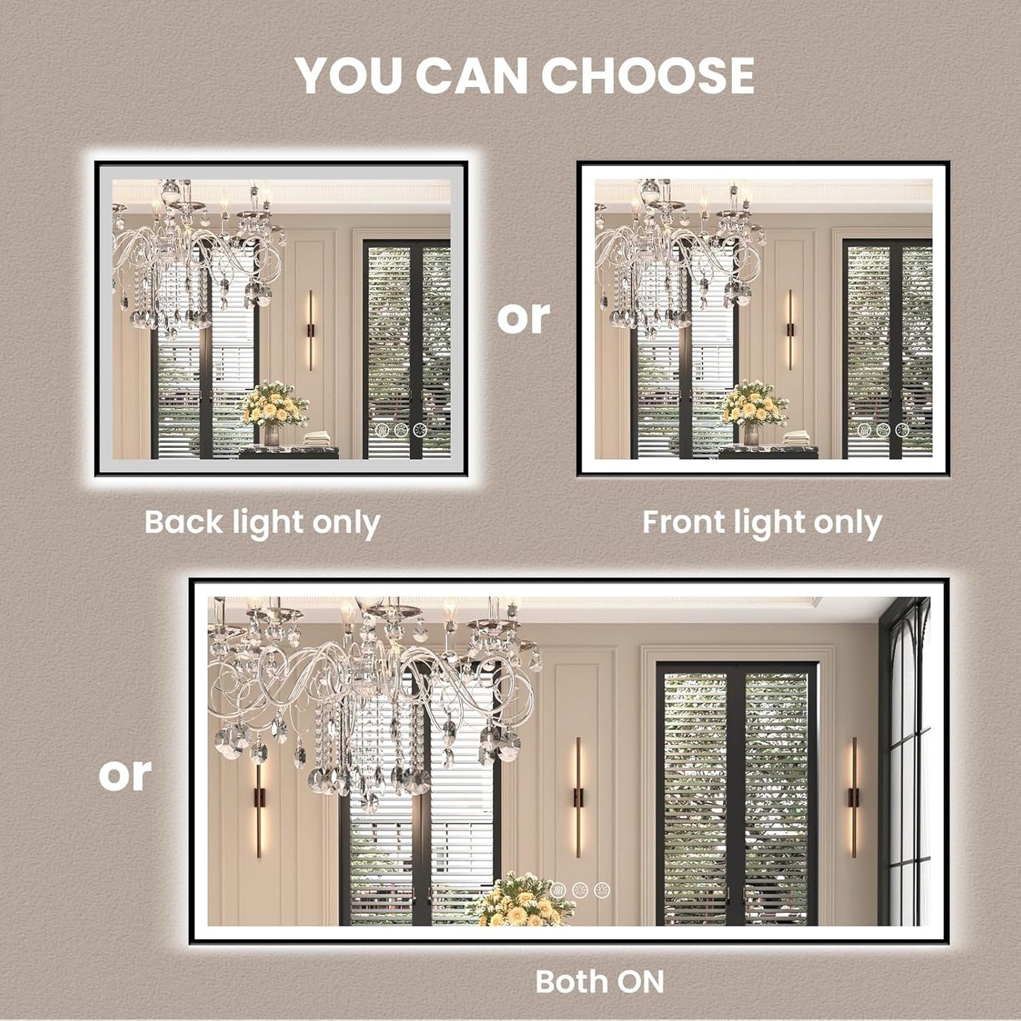 Amorho 40" X36" LED Bathroom Mirror with Black Frame, Front Light and Backlit(Controlled Separately), Stepless Dimmable, Anti-Fog, Shatter-Proof, 3 Colors, Memory