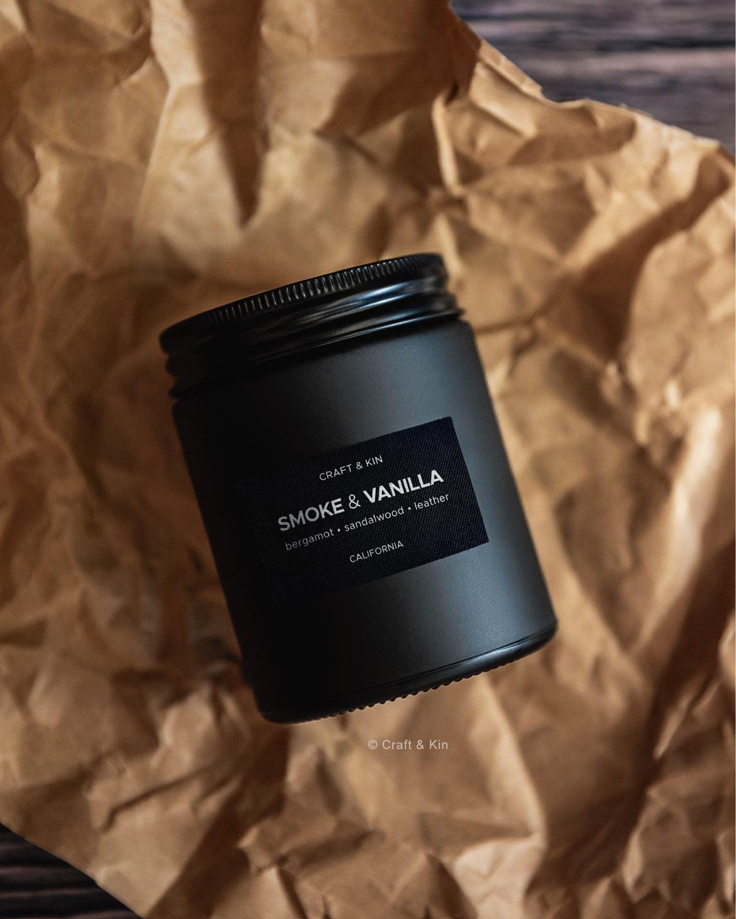 Craft & Kin Premium Smoke & Vanilla Candle | Black Scented Candles for Men | Long Lasting with 45 Hour Burn Time, 7.6oz | Made with Soy | Aromatherapy at Home | Gifts for Men