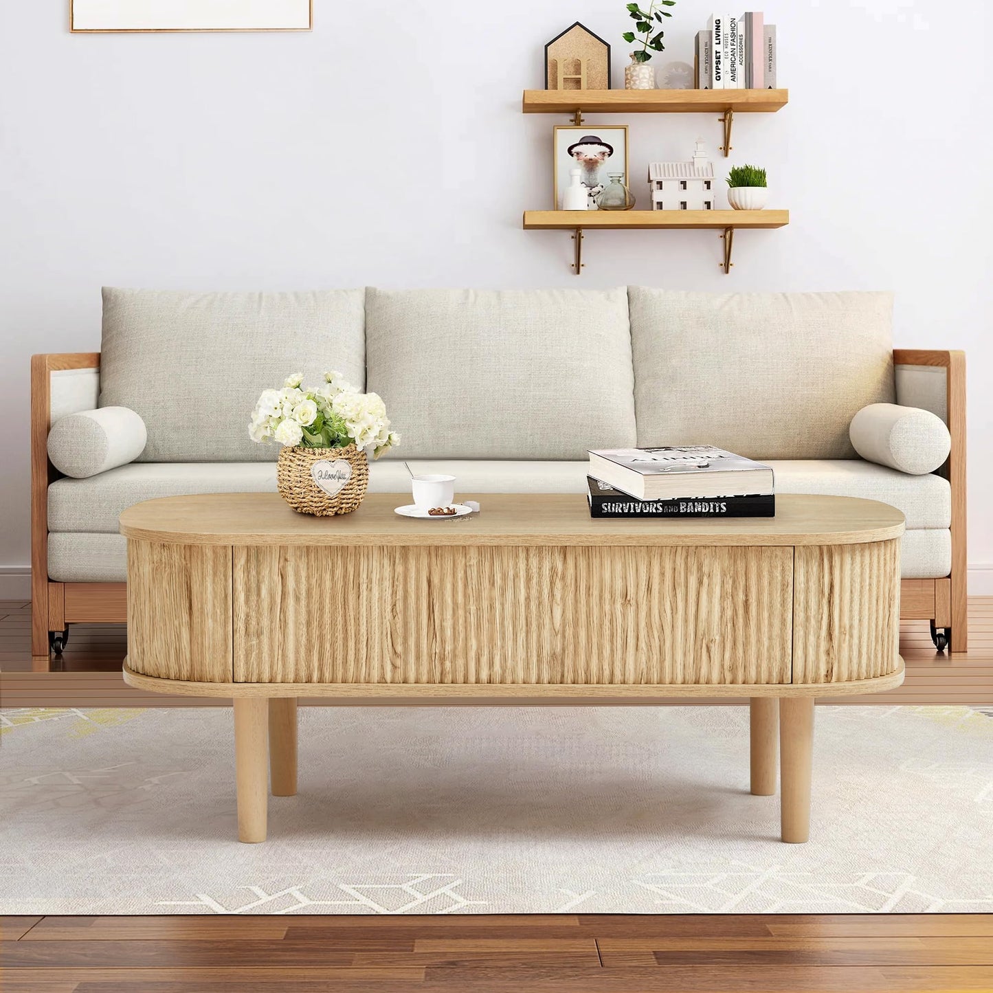 Fluted Lift Top Coffee Table with Hidden Compartment, Fully Assembled Wooden Center Table, Modern Oval Lift Tabletop for Home Living Room Office, Natural