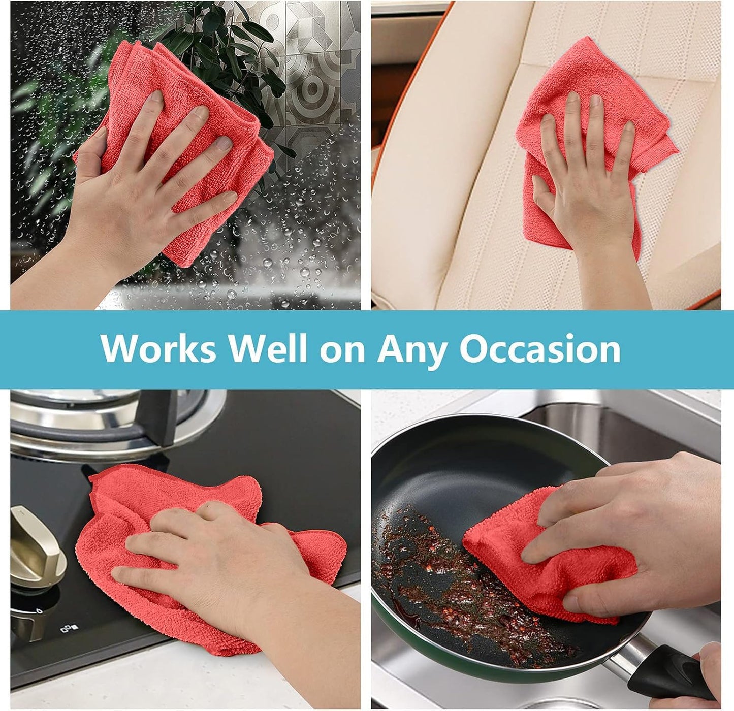 HOMEXCEL Red Microfiber Cleaning Cloth, 100 Pack Cleaning Towels for Kitchen, Lint Free, Scratch-Free, Highly Absorbent, and Reusable Cleaning Rags for House, Window and Glass, Cars, 11.5 X11.5 inch