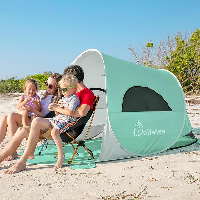 WolfWise UPF 50+ Easy Pop Up 3-4 Person Beach Tent Sport Umbrella Instant Sun Shelter Tent Sun Shade Canopy, Mint Green