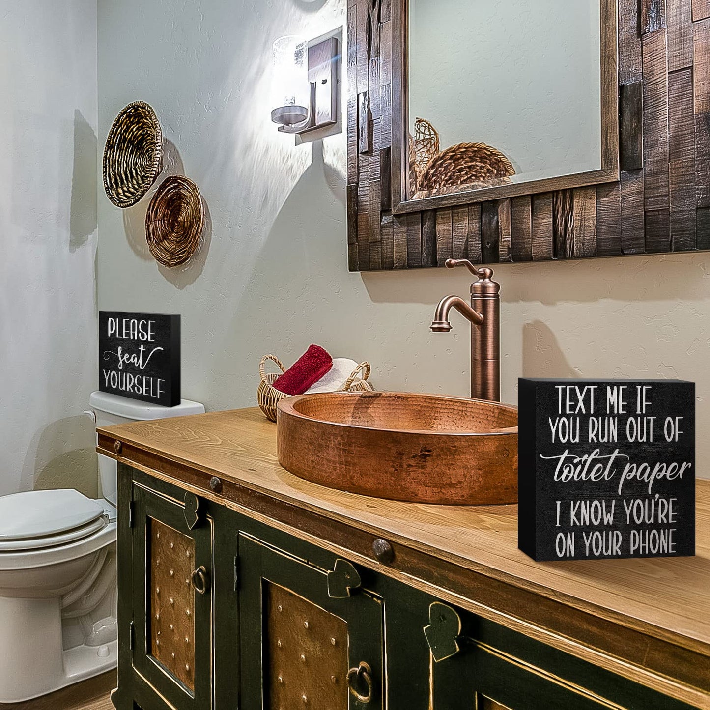 Jetec 2 Pieces Farmhouse Bathroom Signs Decor Wooden Box Sign Funny Bathroom Wall Art Rustic Wood Plaque Please Seat Yourself Decor for Home Restroom(Black)