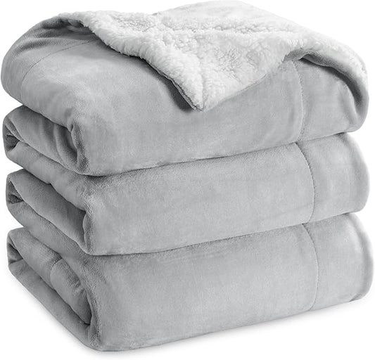 Bedsure Sherpa Fleece Blankets Queen Size for Bed - Thick and Warm, Soft Fuzzy Plush Queen Blanket for Winter, Light Grey, 90x90 Inches