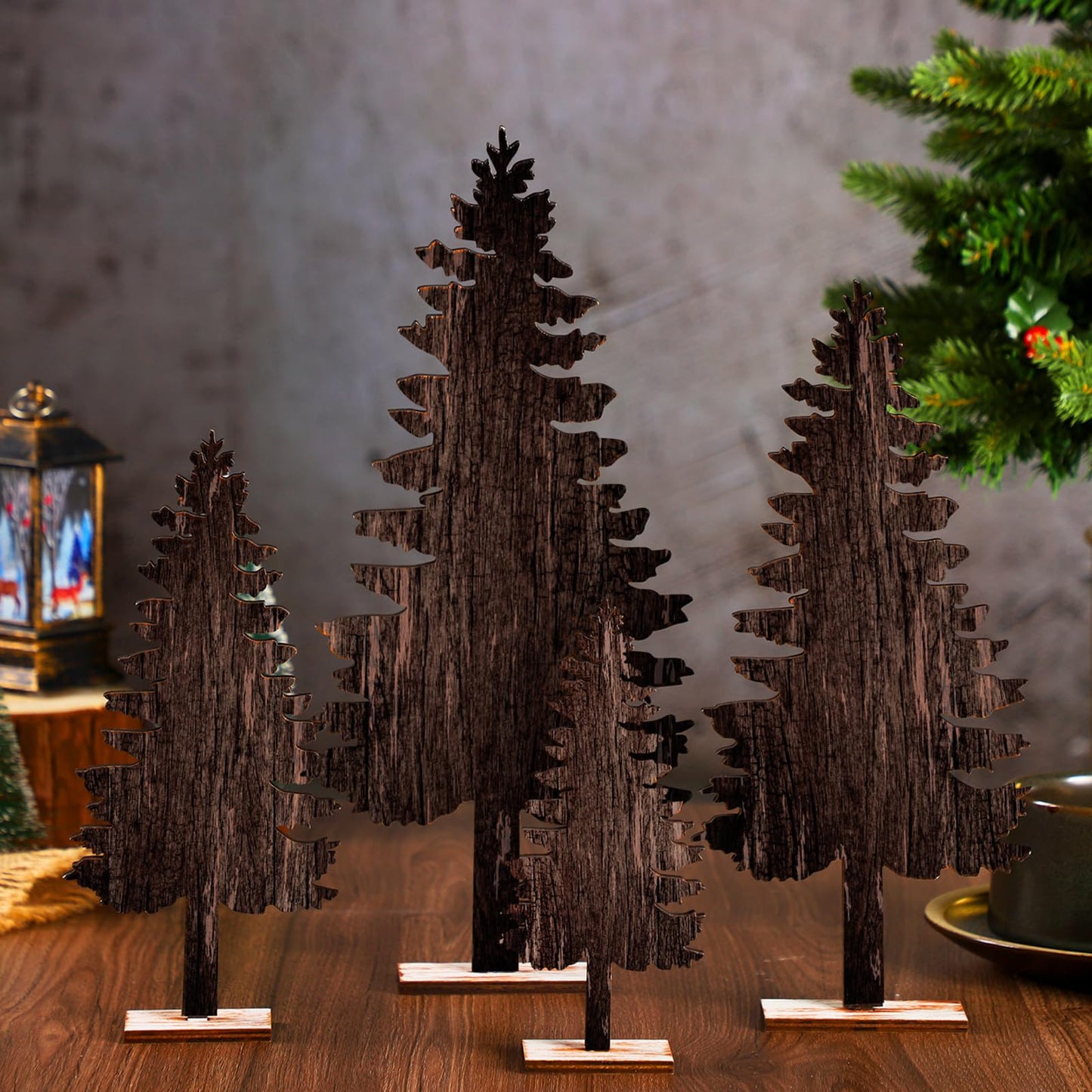 Barydat 4 Pcs Christmas Table Decorations Wooden Pine Trees Reindeer Table Centerpiece Artificial Christmas Decorations Rustic Farmhouse Christmas Decor for Home Table(Christmas Tree)