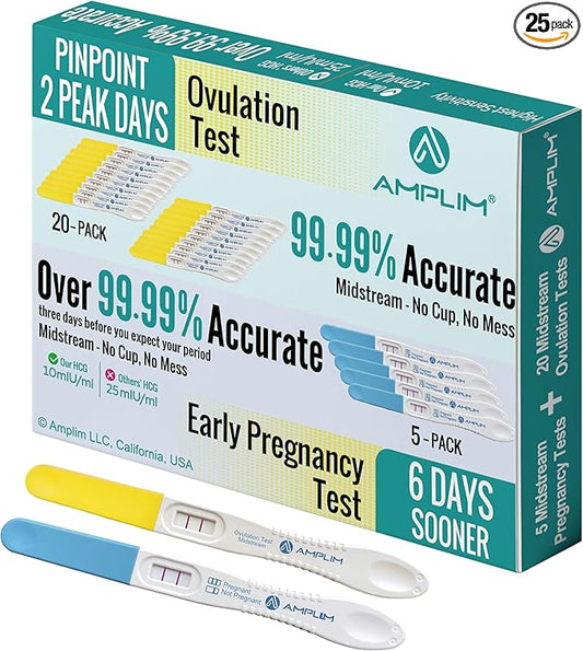 Amplim Pregnancy Test and Ovulation Tests Kit, 25 Pack Bulk Early Detection HCG & LH Sticks, FSA HSA Eligible, 99.99% Accurate at Home Predictor 6 Days Early Result, Extra Sensitive Fertility Tracker