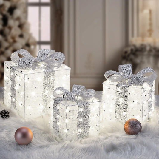 Christmas Lighted Gift Boxes, 140 LEDs Light Up Presents Christmas Decor, 8 Modes & Memory Function Plug-in Lighted Christmas Boxes, Set of 3 Christmas Decoration for Xmas Holiday Party Indoor Outdoor