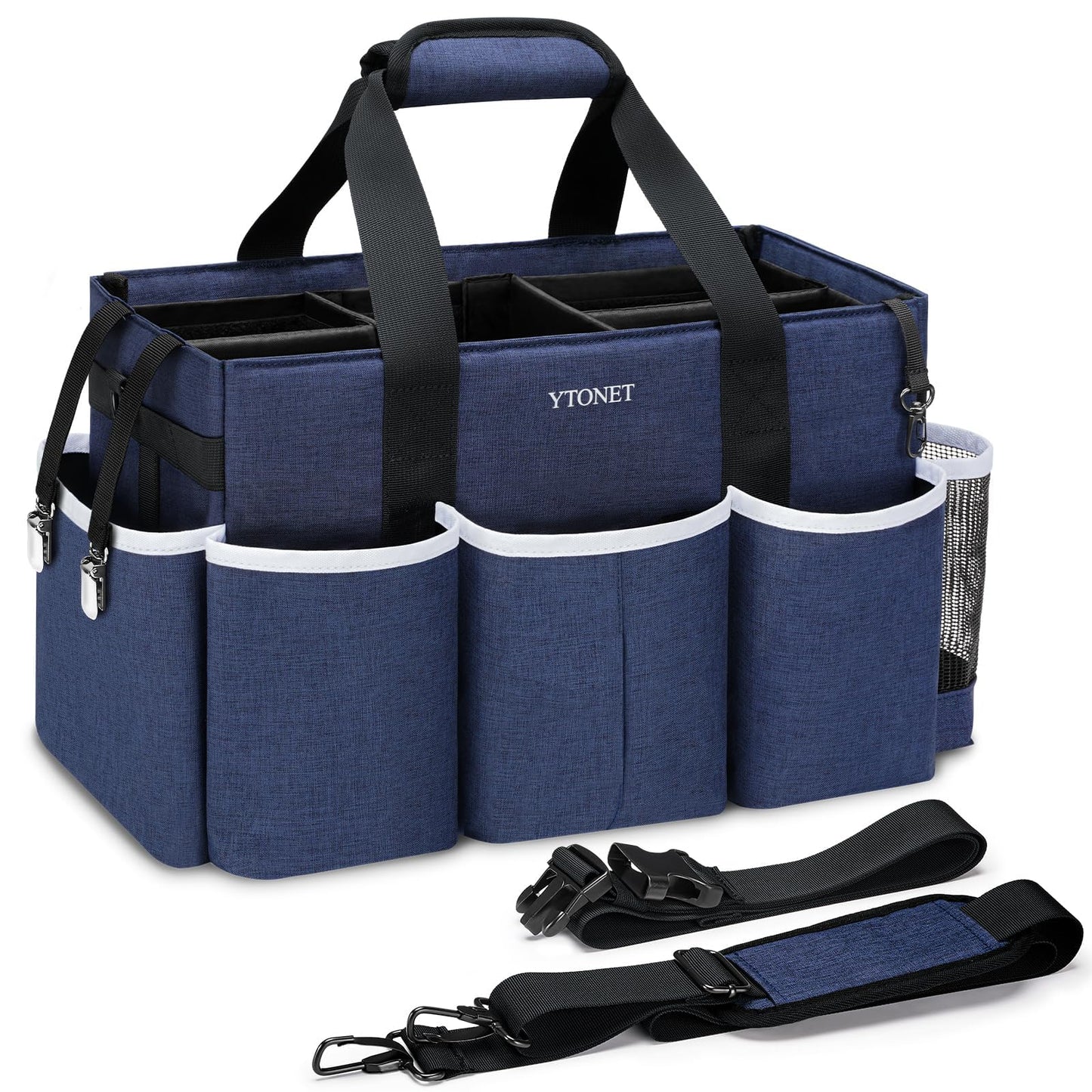 Ytonet Wearable Cleaning Caddy Bag, Large Cleaning Supplies Organizer with 4 Foldable Dividers, Kitchen Caddy Organizer with Handle & Adjustable Shoulder Straps for Cleaners & Housekeeper, Blue