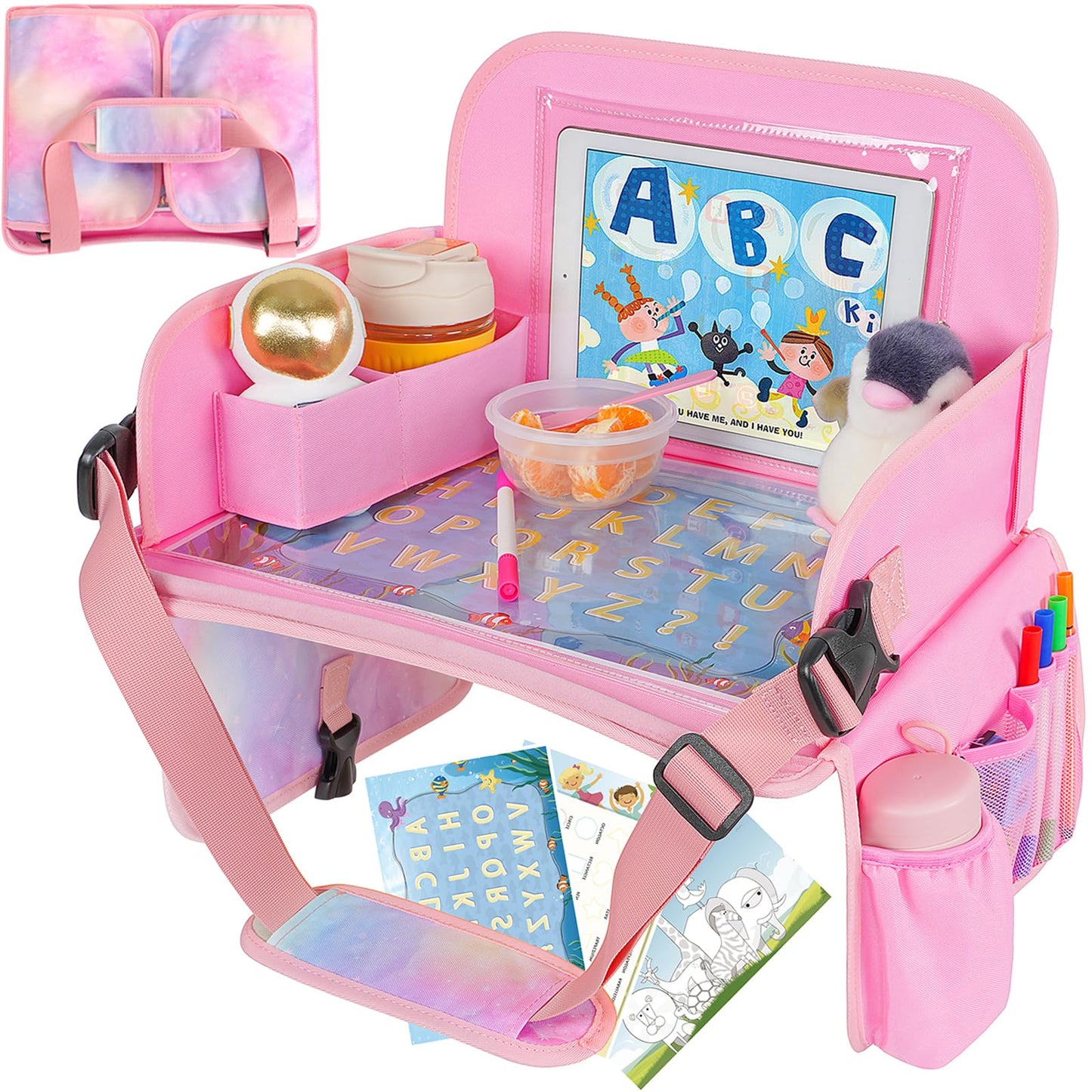 MENZOKE Kids Travel Tray, Travel Tray for Kids Car Seat with Educational Drawing Board, Tablet Holder & Cooler Cup Holder, Portable Road Trip Essentials Child's Gifts for Car Trip, Airplane, Black