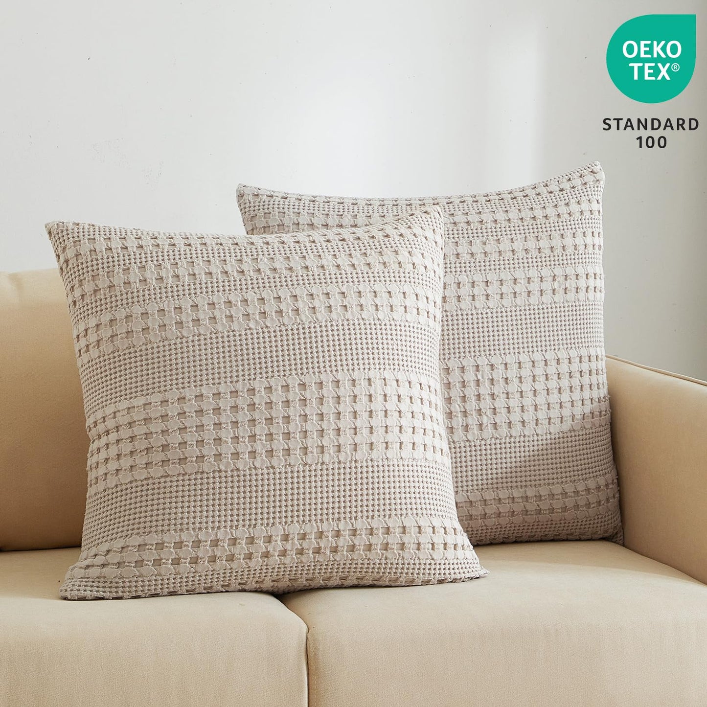 PHF 100% Cotton Waffle Weave Euro Sham Covers, 2 Pack 26" x 26" Bed Pillow Covers for Elegant Home Decor, No Filling, Luxury Aesthetic Soft Euro Pillow Cases for Bed, Oatmeal
