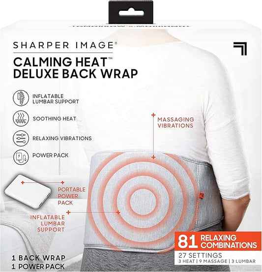 Calming Heat Back Wrap by Sharper Image- Cordless Electric Back Heating Pad, Inflatable Lumbar, Soothing Heat & Vibration- 27 Settings 3 Heat, 9 Vibration, 3 Lumbar Includes Portable Power Pack