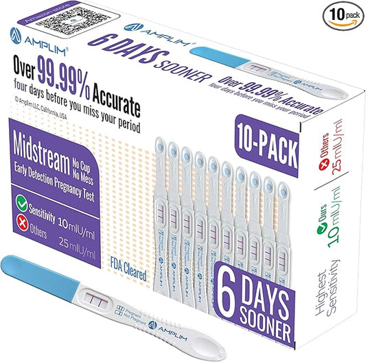 AMPLIM HCG Early Detection Pregnancy Test Bulk Stick – 6-Days Sooner, Extra Sensitive 10 MIU/mL, FSA HSA, Midstream – Mom 2-Sec Easy Home Tests, 99.99% Accurate Pregnant Test Result, ept 10-Pack