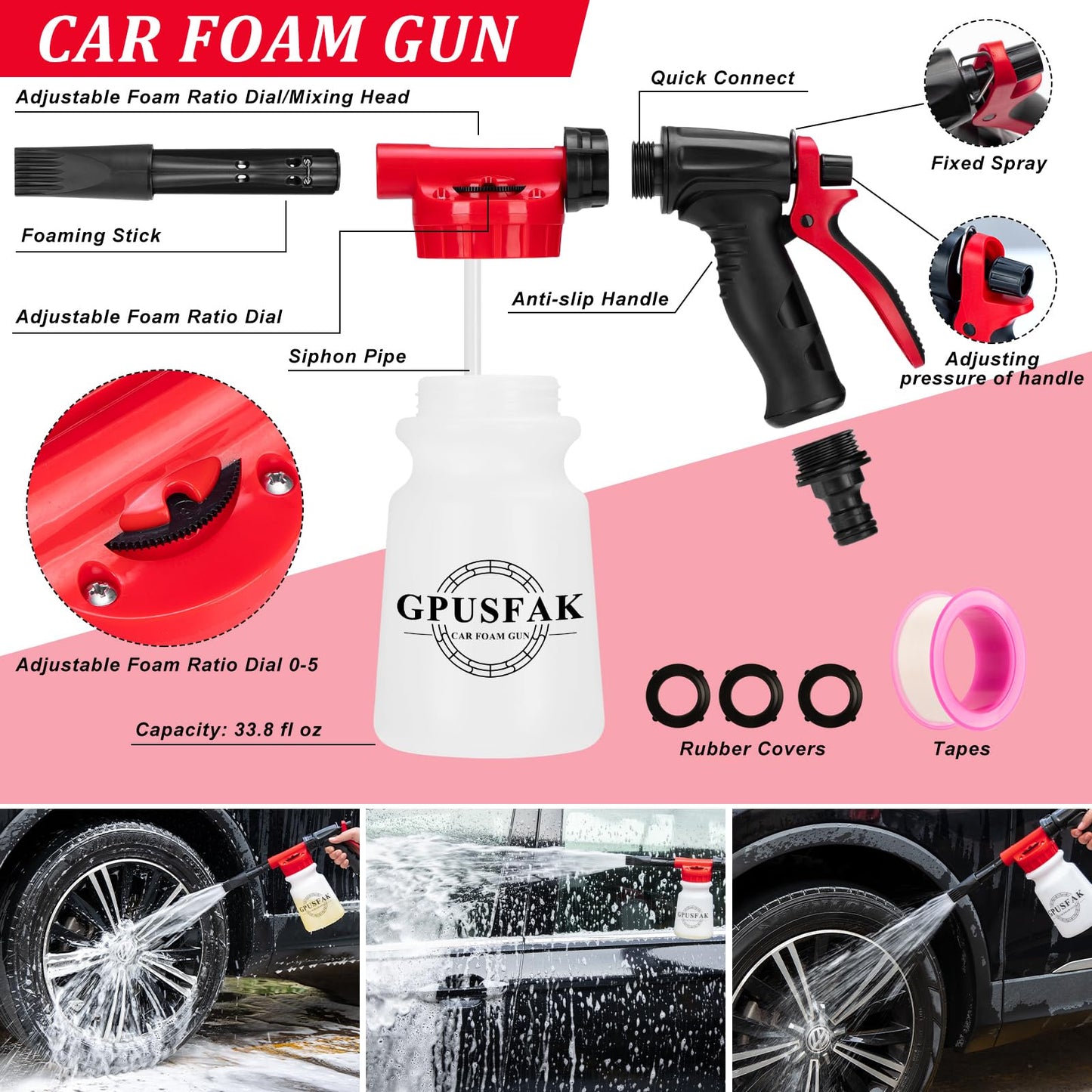 GPUSFAK 16Pcs Car Wash Cleaning Kit with Foam Gun Sprayer Detailing Brushes Windshield Cleaning Tool Rim and Tire Brush Towels Complete Interior Exterior Detailing Set for Car