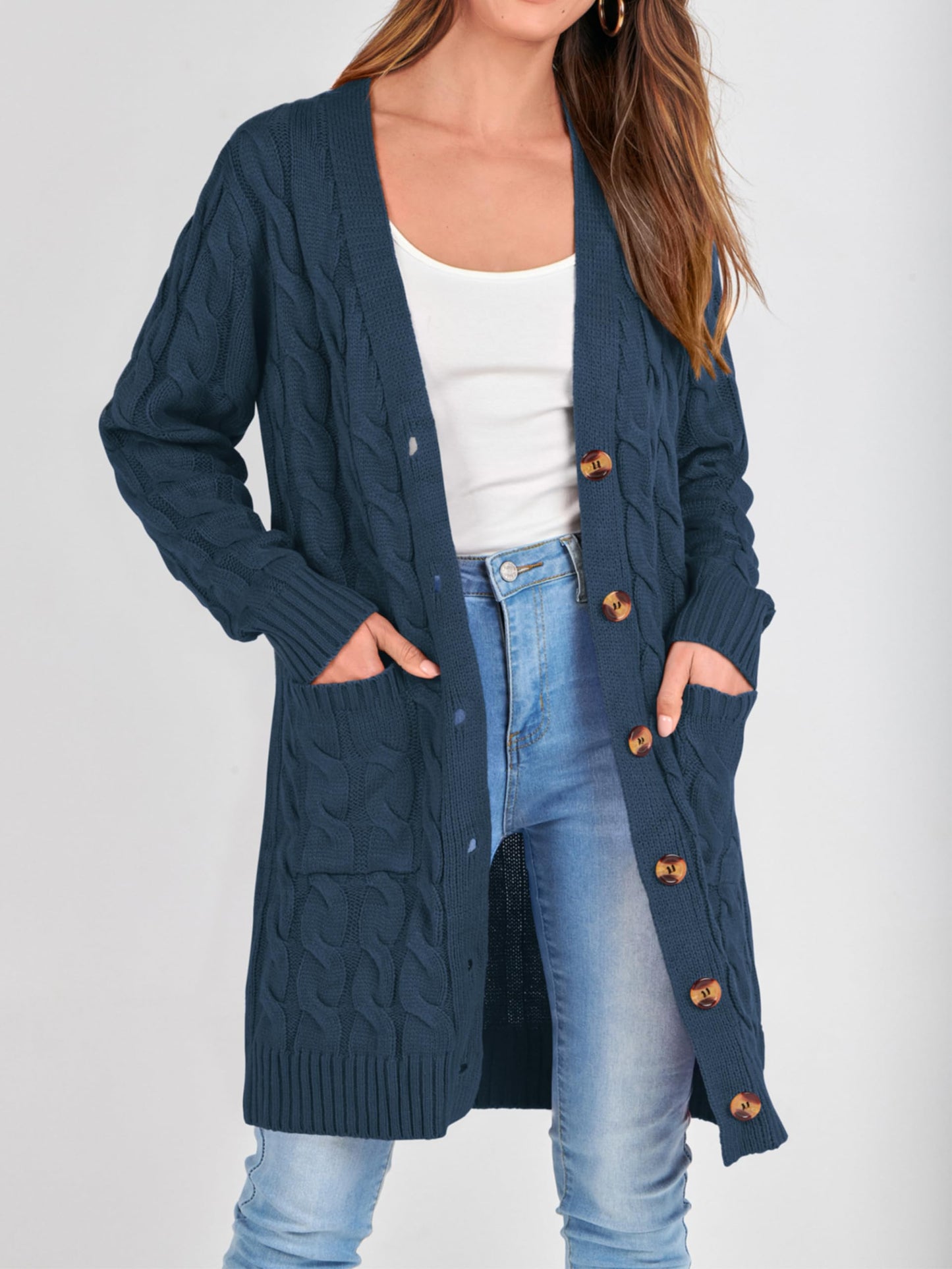PRETTYGARDEN Long Sleeve Cable Knit Long Cardigan for Women 2025 Fall Winter Chunky Open Front Button Sweaters with Pockets (Blue, Small)