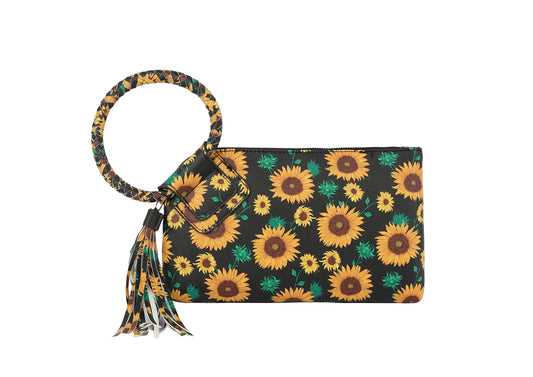 Clutch Wristlet Evening Bags Purse Wallet For Women, Vegan Leather by Metro Muse (A_BLACK_SunFlower)