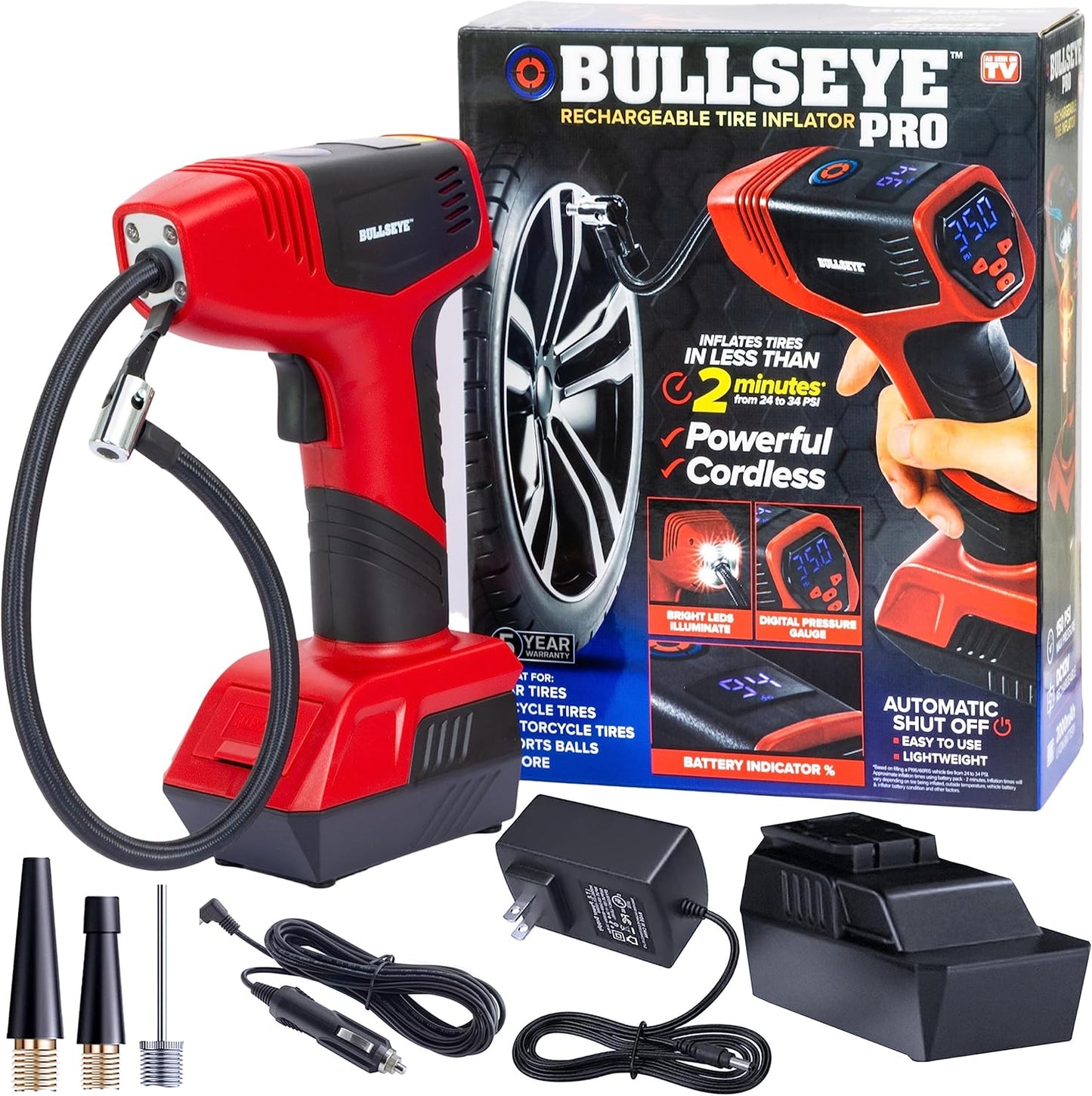 Bullseye Pro Automatic Digital Tire Inflator 150 PSI Max w/Gauge Display Screen & Pre-set Pressure in KPA, PSI, BAR, kg/cm, Built-in LED Lights, Rechargeable, Air Compressor, Car Tire Pump