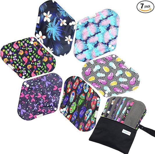 7pcs Set 1 pc Mini Wet Bag +6pcs Absorbent Reusable Sanitary Pads/Washable Cloth Menstrual Pads (M,Feather)…
