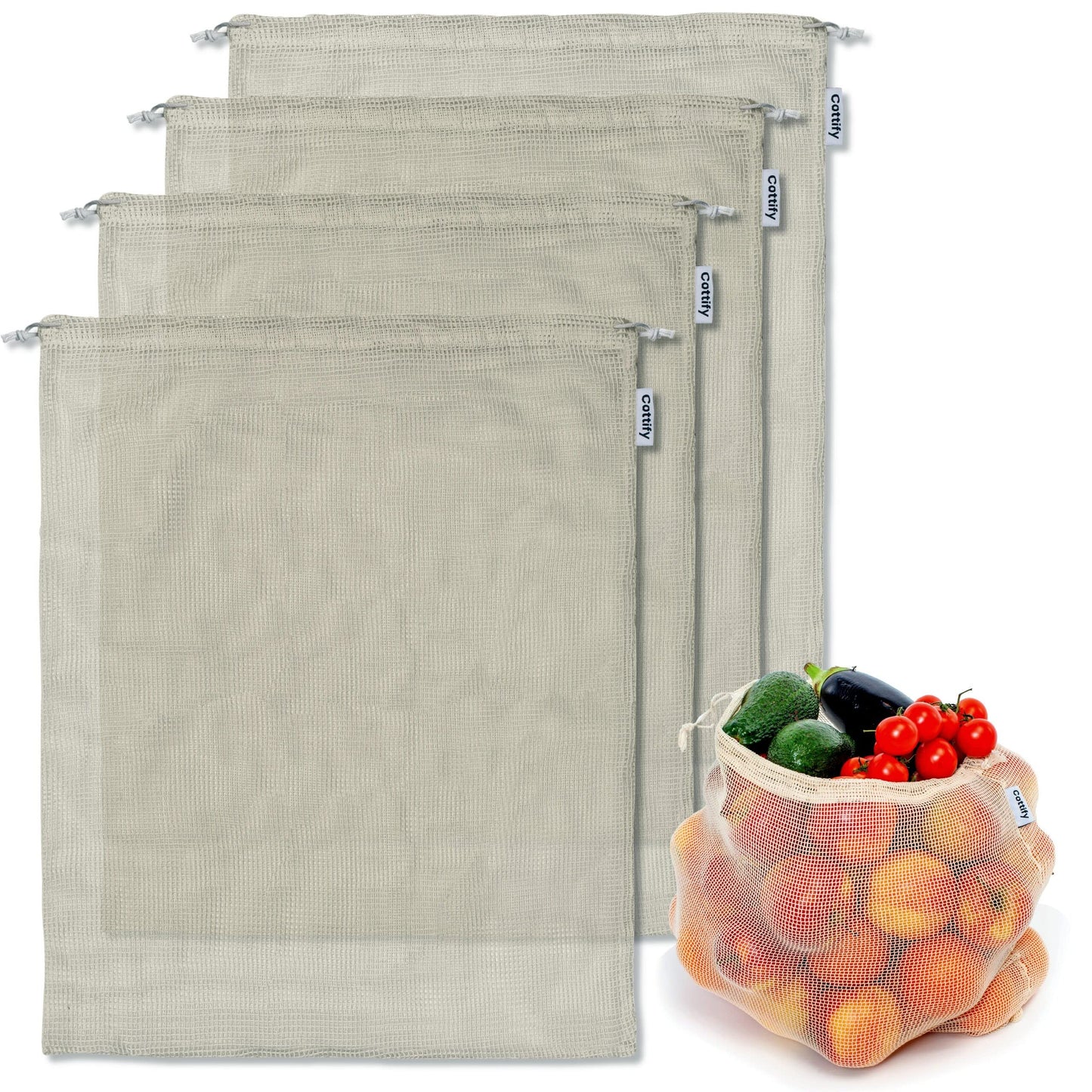 12+1 Reusable Produce Bags Grocery Washable, Organic Cotton Mesh Produce Bags, Double-Stitched & Tare Weigh, Mesh bags for vegetables, Cotton Produce Bags Reusable Washable, Produce bag 4xS, 4xM, 4xL