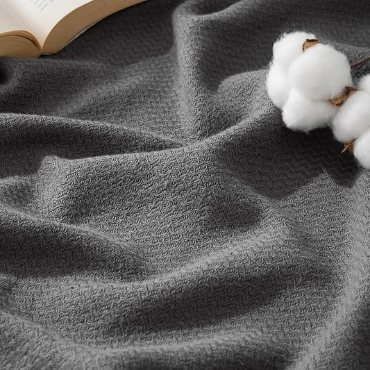 Bedsure 100% Cotton Large Blanket Oversized King for Bed 120x94 inches - Breathable Soft Cozy Herringbone Woven Blanket for Summer Spring, Couch Cover, Dark Grey