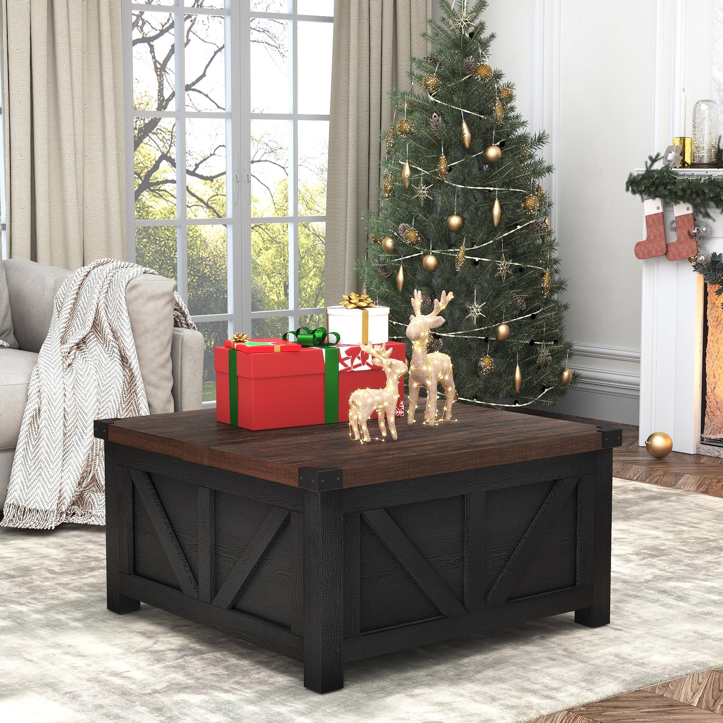 jimeimen Farmhouse Lift Top Coffee Table with Storage, Wood Square Center Table with Charging Station&USB Port, Living Room Table w/Large Hidden Space, for Living Room, Bedroom, Home Office, Black