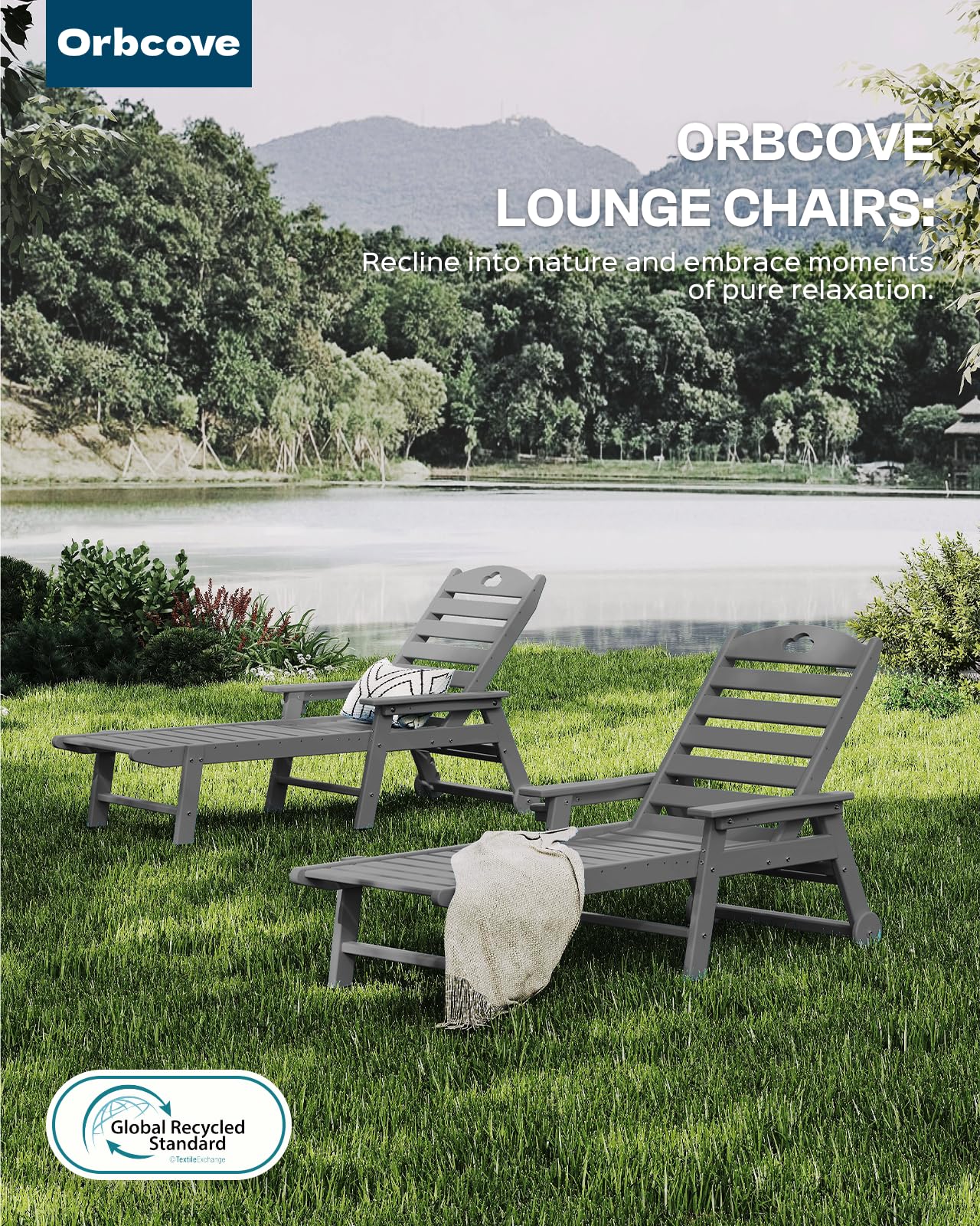 Orbcove Oversized Chaise Lounge Chair Outdoor with Wheels & Cup Holder, 6-Position Adjustable HDPE Patio Lounge Chair for Poolside, Garden, Deck & Lawn (Grey, 2-Piece)