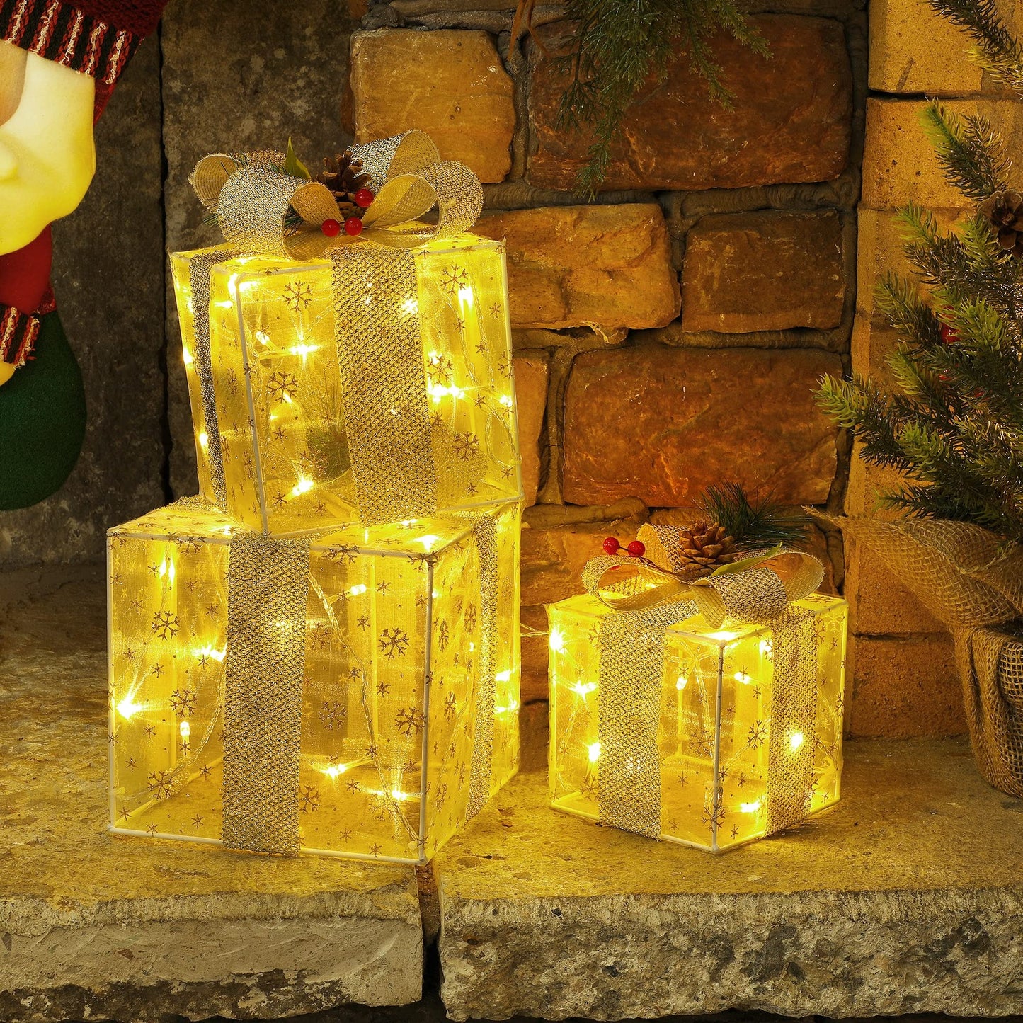 Set of 3 Christmas Lighted Gift Boxes Decorations, Pre-lit Snowflakes Present Box with Silver Bowknot, Light Up Xmas Tree Skirt Ornament, Indoor Outdoor Plug in for Home Pathway Holiday Party