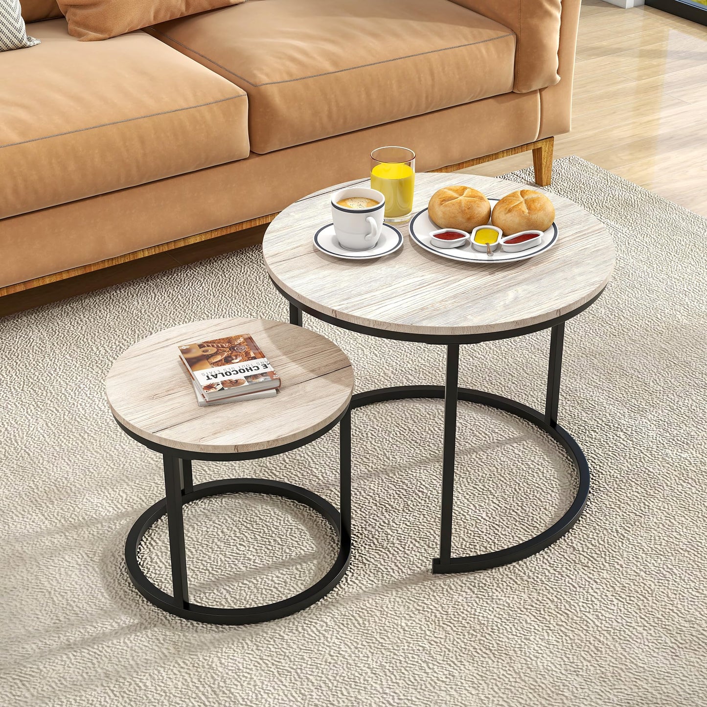 HOJINLINERO Round Coffee Table Set of 2 for Living Room,Black Small Coffee Table Living Room Table,Nesting Tables Metal Frame/Wood,Sturdy and Easy Assembly,Stacking Side Tables Bedroom,White Oak
