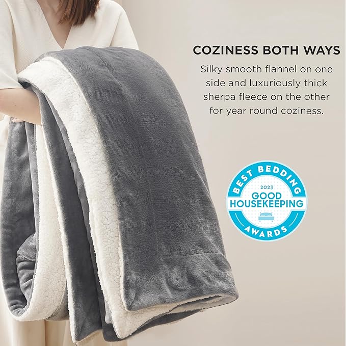 Bedsure Sherpa Fleece Blankets King Size for Bed - Thick and Warm, Soft Fuzzy Plush King Blanket for Winter, Grey, 108x90 Inches