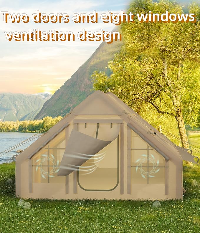 Inflatable Camping Tent with Pump, Luxury Camping Tent, Easy to Set Up, 4-Season Waterproof and Windproof Outdoor Gazebos, Luxury Cabin Tent with Two Doors and Six Windows.