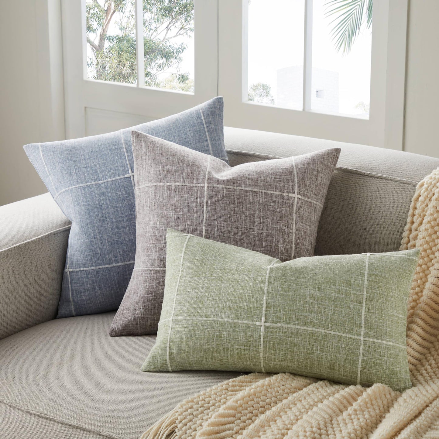 YZJZEDS 2 Packs Grid Embroidery Throw Pillow Covers, 20x20 Inch Green, Farmhouse Cotton Linen Decorative Sage Green Cushion Covers for Sofa Bed Living Room Home Decor