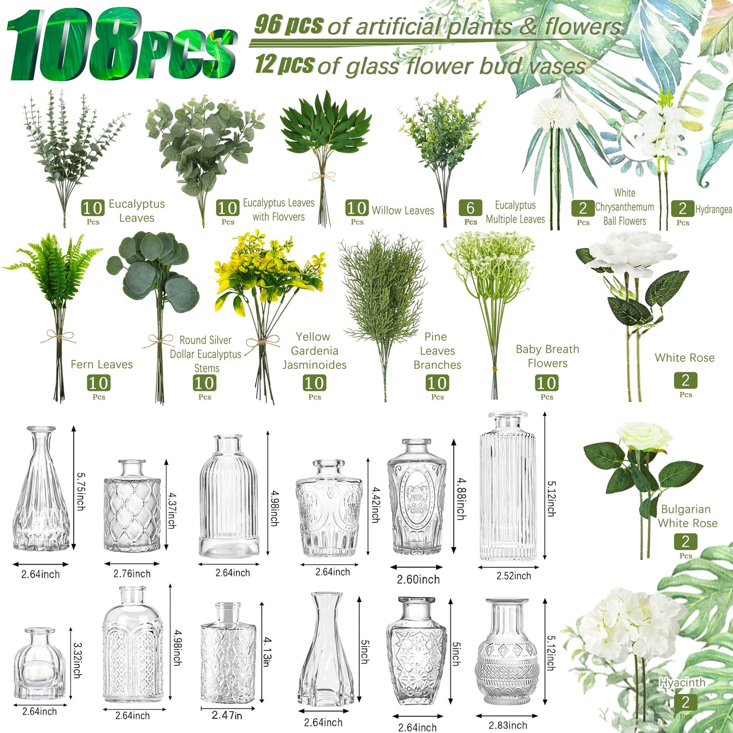 KOPWVA Artificial Flowers with Vases, 108 Pcs Fake Plants & Bud Vases, Centerpieces Flowers DIY Set Suitable for Central Table,Weddings,Office and Indoor Decoration