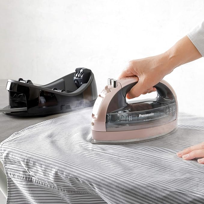 Panasonic Rose Gold 360 Freestyle Cordless Iron NI-WL607 - Portable Steamer for Clothes with Ceramic Charging Base, Vertical Steam Irons, Compact Heavy Duty Press Ironing Machine, 1500 Watts